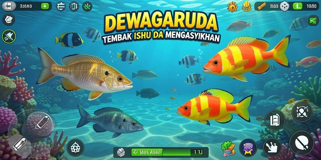 Screenshot gameplay DEWAGARUDA menampilkan aksi menembak ikan yang mengasyikkan.